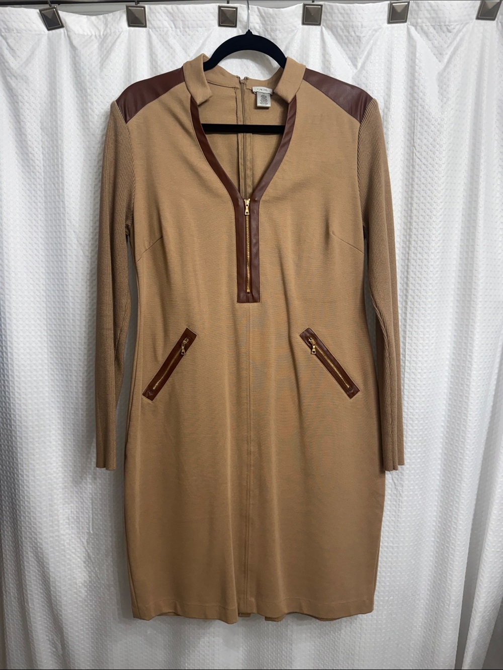 Vintage Cache Tan Long Sleeve Zip-Front Dress with Brown Faux Leather Trim